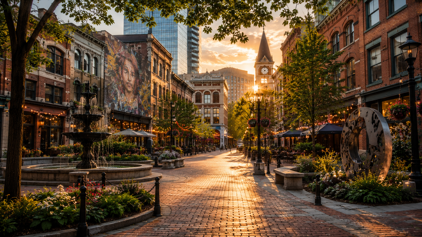 Walkable city district with public art, gardens, and historic architecture